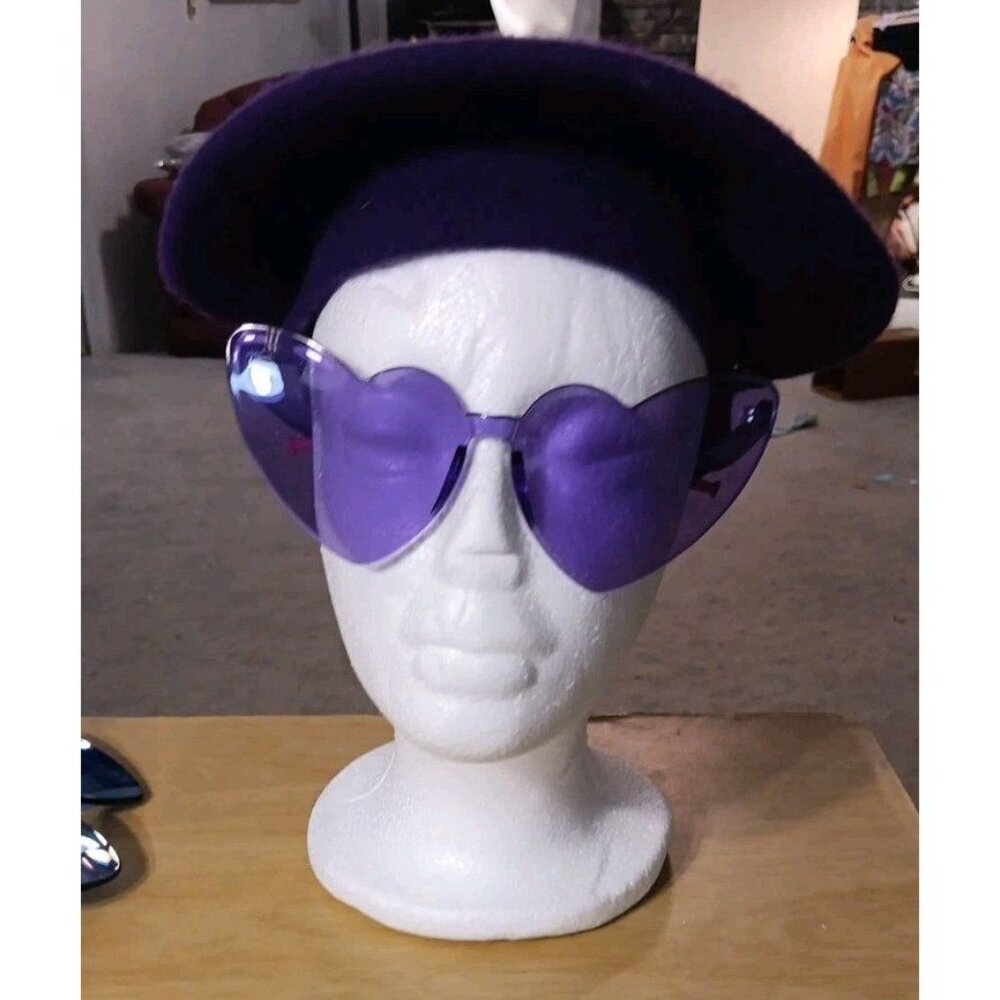 Purple Beret Wool Blend Hat One Size Matching Purple Heart Sunglasses-Decorative